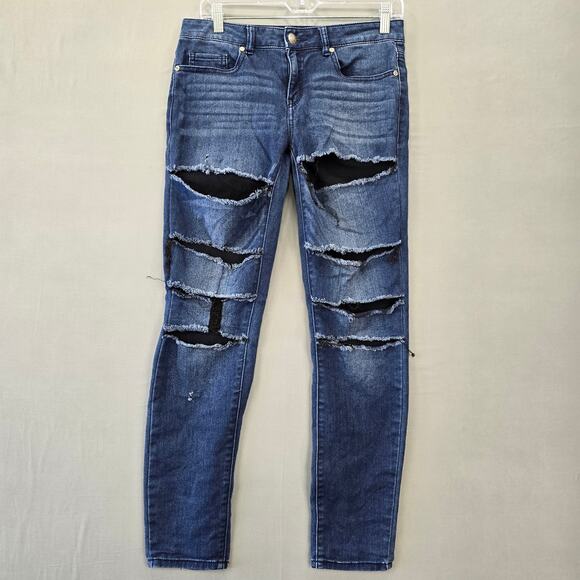 R1893 Blue Jeans Stretch Y2k Grunge Denim Distressed Rips Skinny Women's Size 6 - Picture 1 of 7